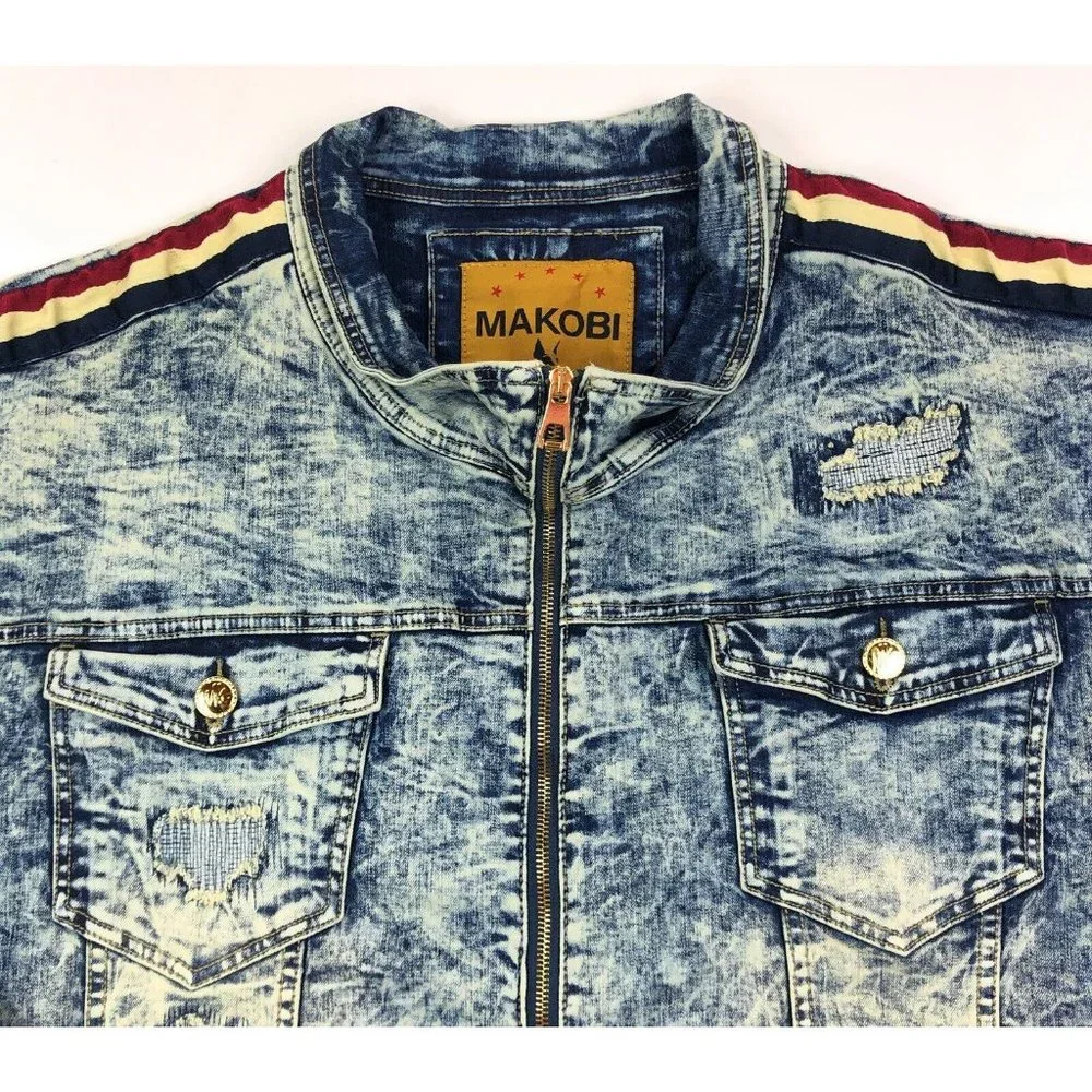 Makobi Mens 6XB Acid Wash Blue Denim Jean Track Jacket Distressed Faded Stripes - Picture 4 of 12